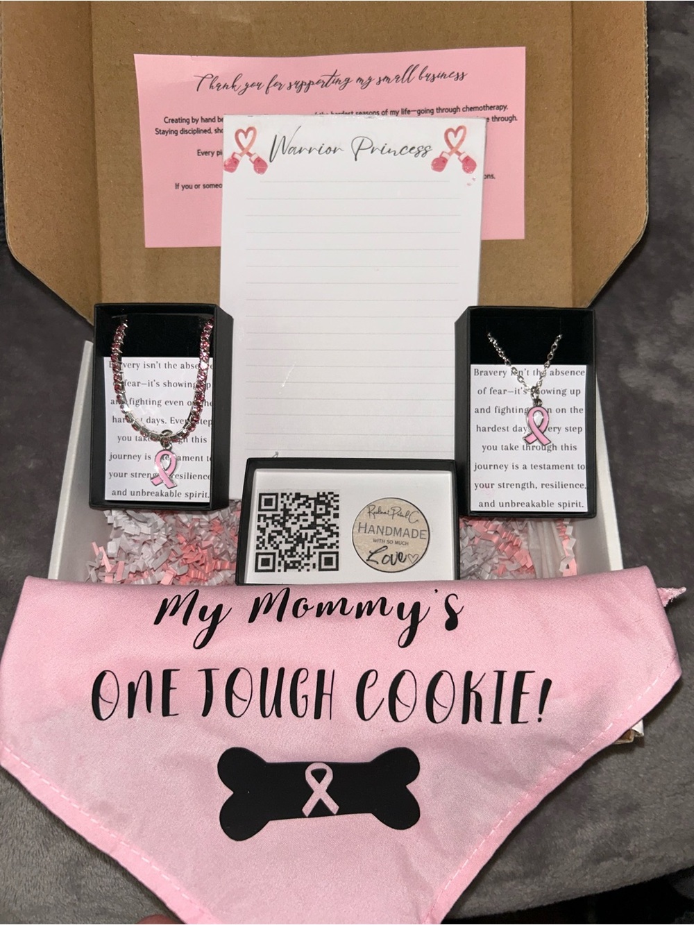 Breast Cancer Awareness Pink Ribbon Necklace & Bracelet Gift Set w/ pet bandana